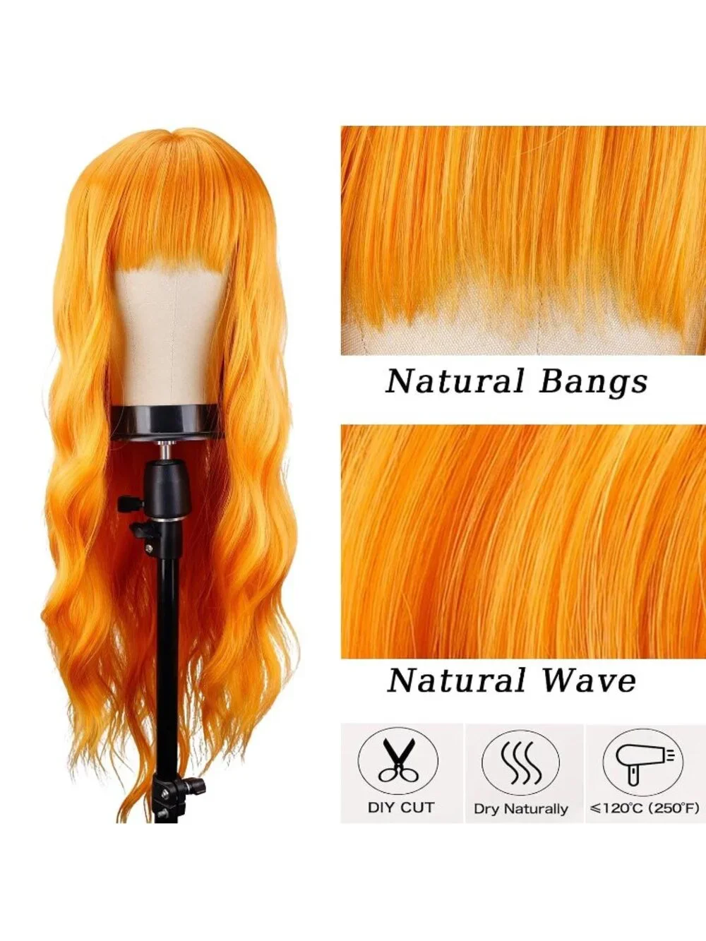 Women's Orange 26 Inch Natural Looking Synthetic Fiber Long Wavy Wigs Bangs